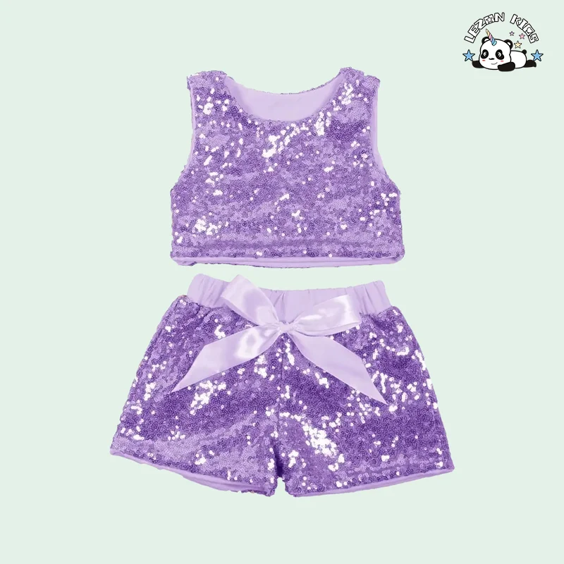 LEZONKIDS - Conjunto de shorts e colete sem mangas com lantejoulas para meninas no verão, roupa de bebê